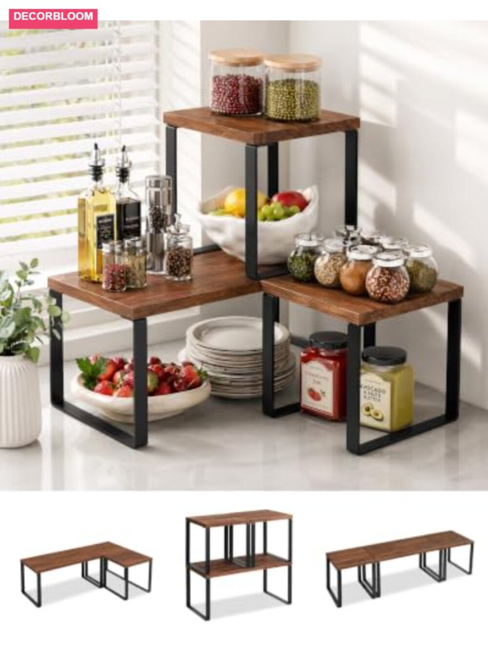 2 Tier Wooden Corner Shelf Countertop Organizer Stackable Non-Slip Adjustable